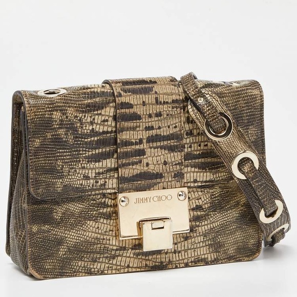 [SOLD] Jimmy Choo Black/Beige Snake or Croc Embossed Leather Rebel Crossbody Bag - Picture 3 of 11